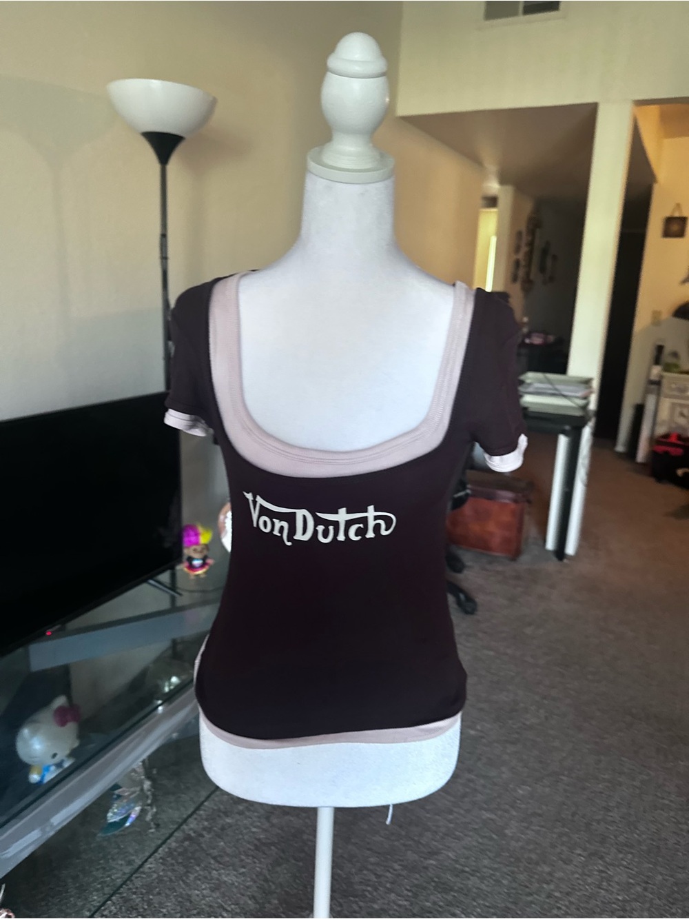 Von Dutch Brown Scoop Neck Logo Tee with Cream Trim